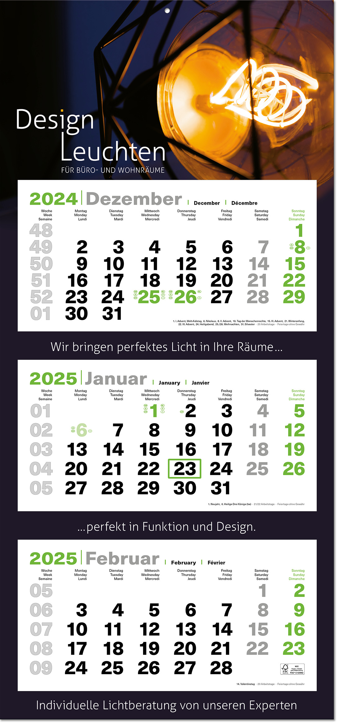 3-Monats-Kalender "Green3maxi" mit deutsch-mehrsprachigem Kalendarium im Format 38 x 81,6 cm