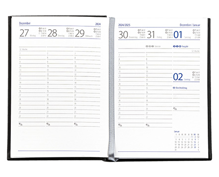 Taschenkalender "Taschenbuch Woche" im Format 10,5 x 14,8 cm, deutsches Kalendarium Grau/Blau mit Leseband, 144 Seiten Fadenheftung, Einband Fashion dunkelblau