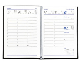 Taschenkalender "Taschenbuch Woche" im Format 10,5 x 14,8 cm, deutsches Kalendarium Grau/Blau mit Leseband, 144 Seiten Fadenheftung, Einband Fashion dunkelblau