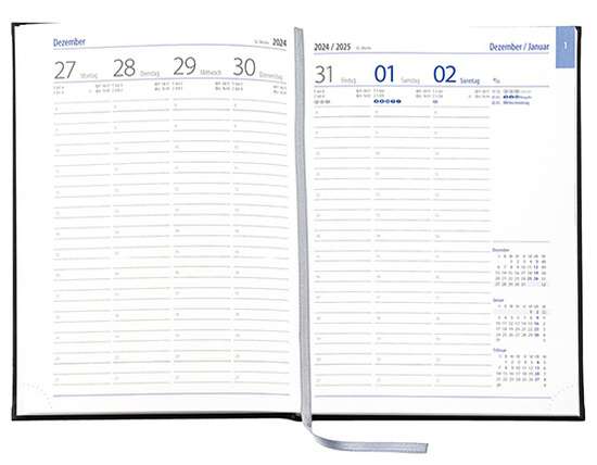 Wochenkalender "Business D" im Format 17,2 x 24 cm, deutsches Kalendarium Grau/Blau mit Leseband, 144 Seiten Fadenheftung, Eckenperforation, Einband Magic mittelblau