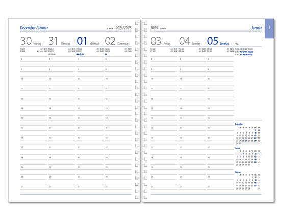 Wochenkalender "Business D Wire" im Format 17,2 x 24 cm, deutsches Kalendarium Grau/Blau, 144 Seiten, Wire-O-Bindung, mit Eckenperforation, Deckelpaar Magic hellbraun