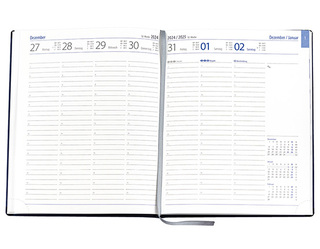 Wochenkalender "Manager D" im Format 21 x 26 cm, deutsches Kalendarium Grau/Blau mit Leseband, 144 Seiten Fadenheftung, Eckenperforation, Einband Magic mittelblau