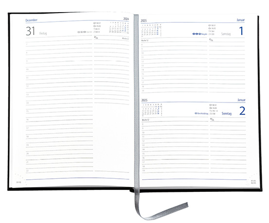 Buchkalender "Trend Chefkalender D" im Format 14,5 x 20,5 cm, deutsches Kalendarium Grau/Blau mit Leseband, 352 Seiten Fadenheftung, Eckenperforation, Einband Balacron burgund