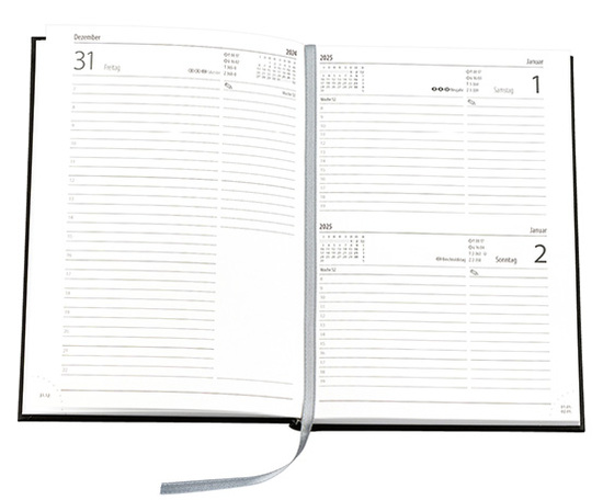 Buchkalender "Basic Chefkalender" im Format 14,5 x 20,5 cm, deutsches Kalendarium Grau mit Leseband, 320 Seiten Fadenheftung, Eckenperforation, Einband Balacron schwarz