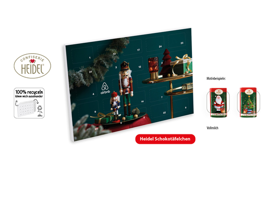 Tisch Adventskalender Heidel Schokotäfelchen individuell bedruckt, Inhalt: Heidel Schokoladentäfelchen ca. 72 g